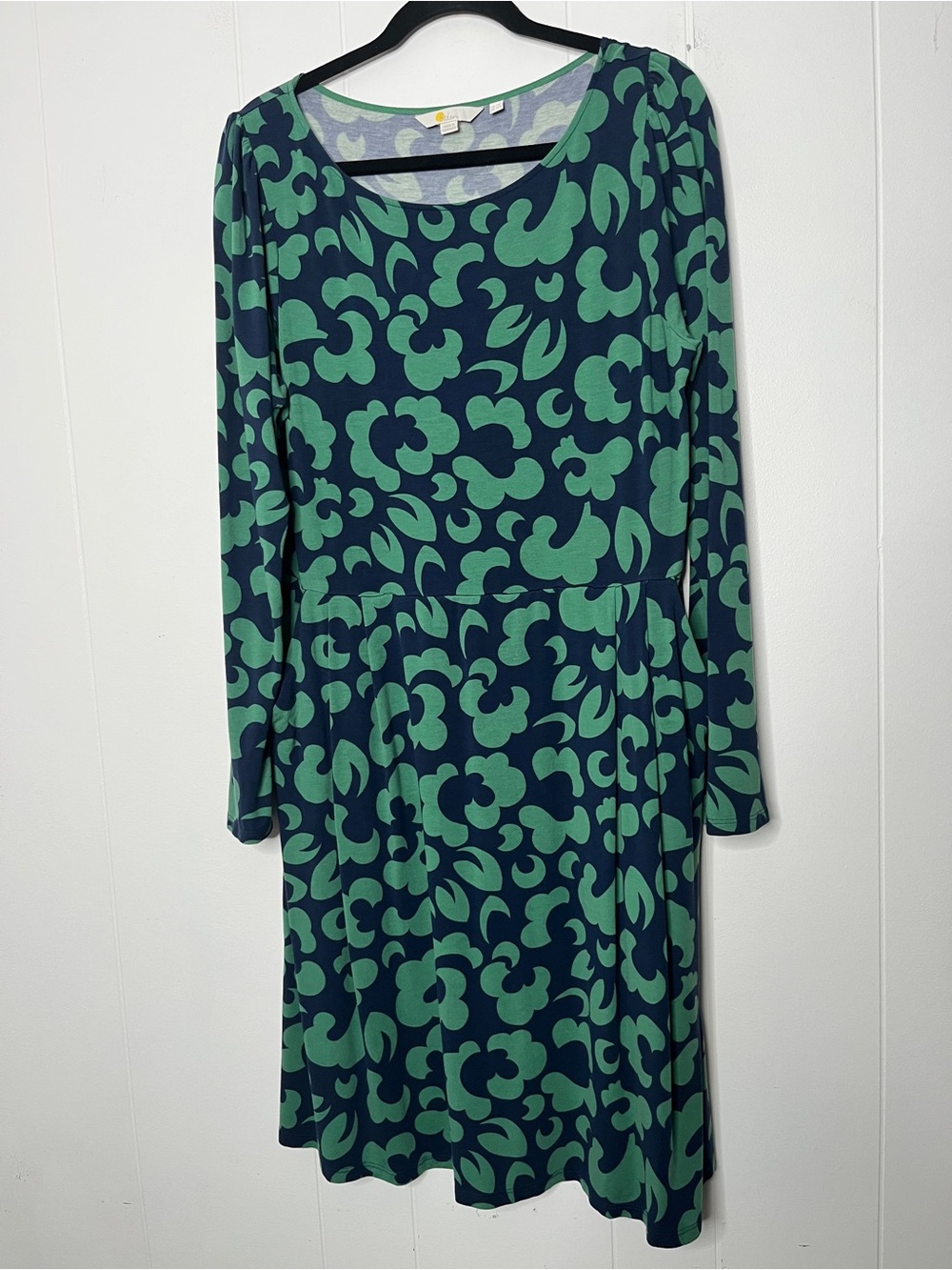 Boden Navy and Green Floral-Print Long Sleeve Dress Jersey Knit Size 14R